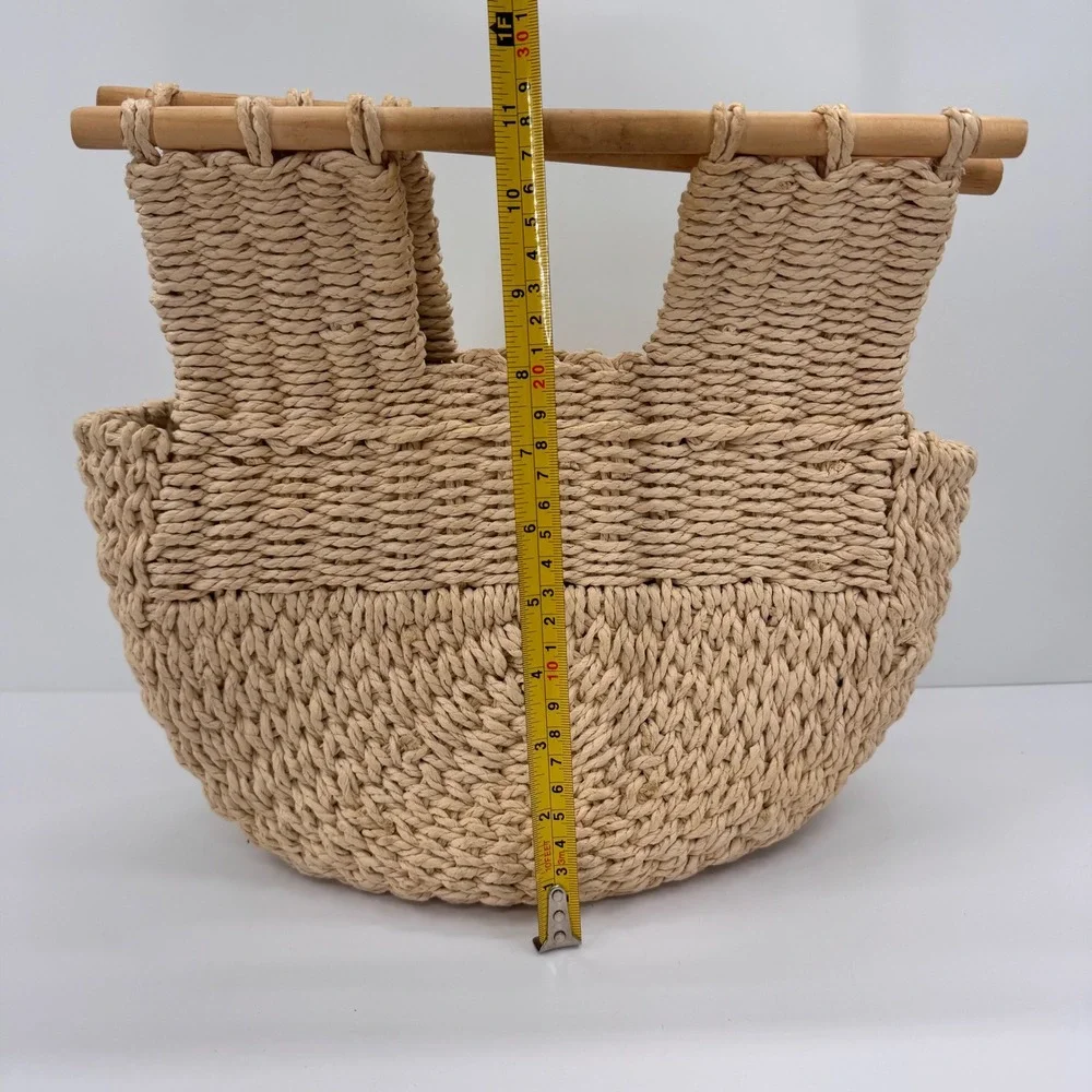 Woven Straw Tote Bag Half Moon Wooden Handle Beige Boho Summer Handbag Unbranded - Picture 8 of 12